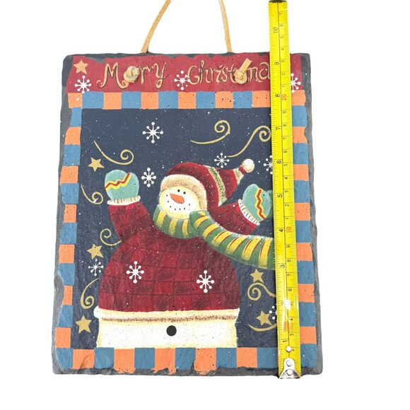 Snowman Slate Wall Hanging Merry Christmas Holiday Art Leather Strap 7.5" x 9.5" - Picture 9 of 11